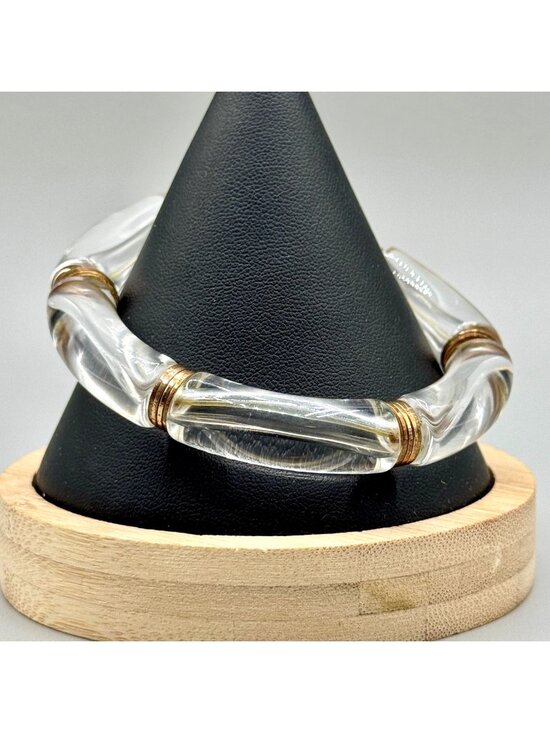 Estate Jewelry - Vintage Y2K Clear Chunky Lucite Stretch Bangle Bracelet Gold Tone Spacers 7.25"